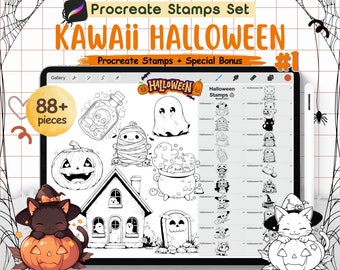 88 Halloween Kawaii Procreate Stamp Set – Cute Ghosts, Pumpkins, and Witches – Spooky Procreate Brushes for Digital Art, Procreate stamps