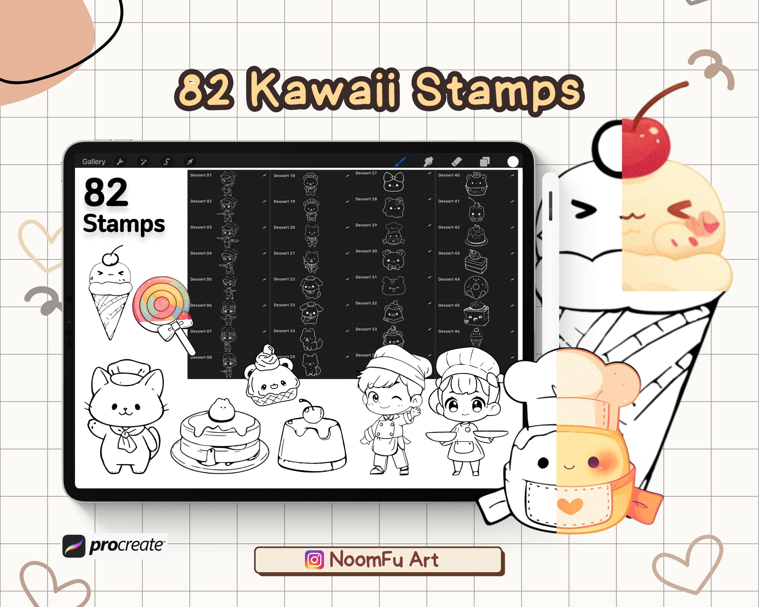 136 Procreate Dessert Cute Kawaii Brushes and Stamps, Procreate Drawing ...