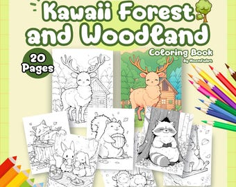 20 Kawaii Coloring books | Kawaii Forest Friend with Woodland | Digital Coloring pages | Cute Coloring pages for Kids and Adults | Procreate