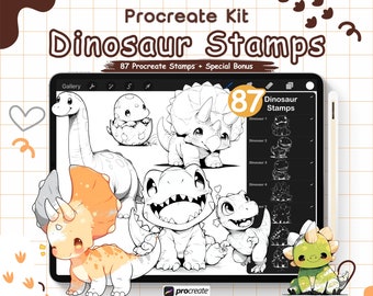 87 Kawaii Dinosaur Procreate Stamps, Anime Brush Set (Digital Download)