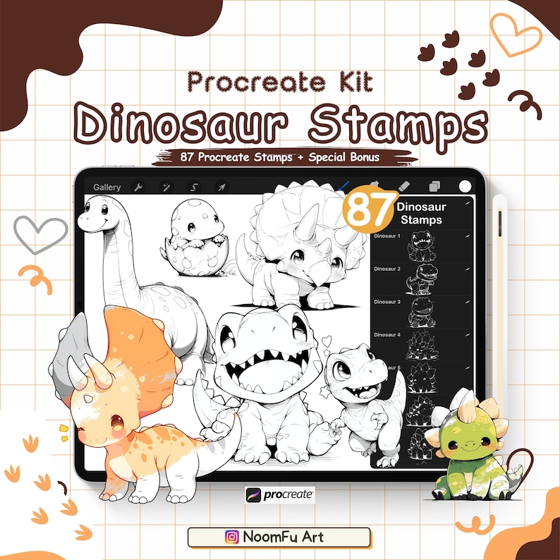 87 Kawaii Dinosaur Procreate Stamps, Anime Brush Set (digital Download ...