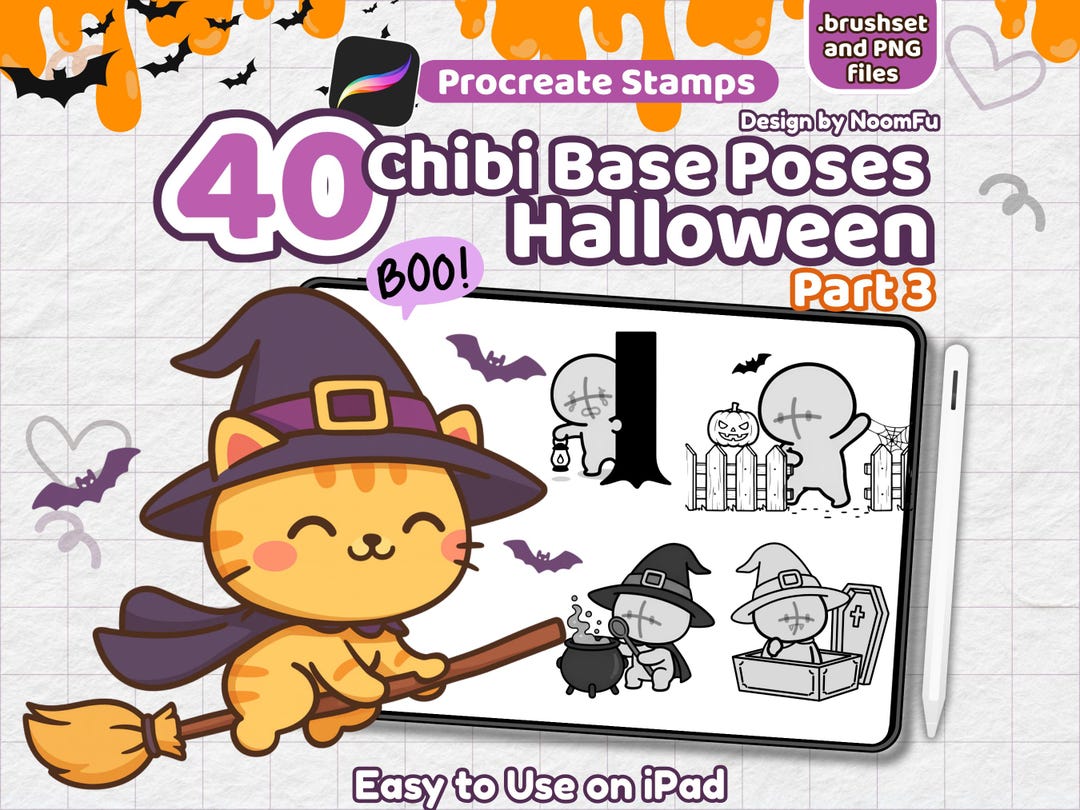 40 Chibi Halloween Procreate Stamps – Part 3 | Kawaii Spooky Pose Base ...