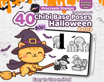 40 Chibi Halloween Procreate Stamps – Part 3 | Kawaii Spooky Pose Base, Cute Ghost, Witch, Pumpkin, Sticker, Emotes, Drawing Guide, YCH, P2U