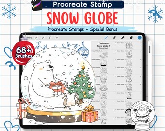 Snow Globe Procreate Stamps: Christmas Kawaii Doodles (68+)