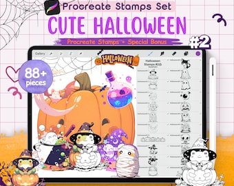 88 Cute Halloween Procreate Stamp Set - Ep2, Spooky Cute Ghosts, Witches, and Pumpkins for Digital Art, Animal doodle, Cute Brushset, Sketch