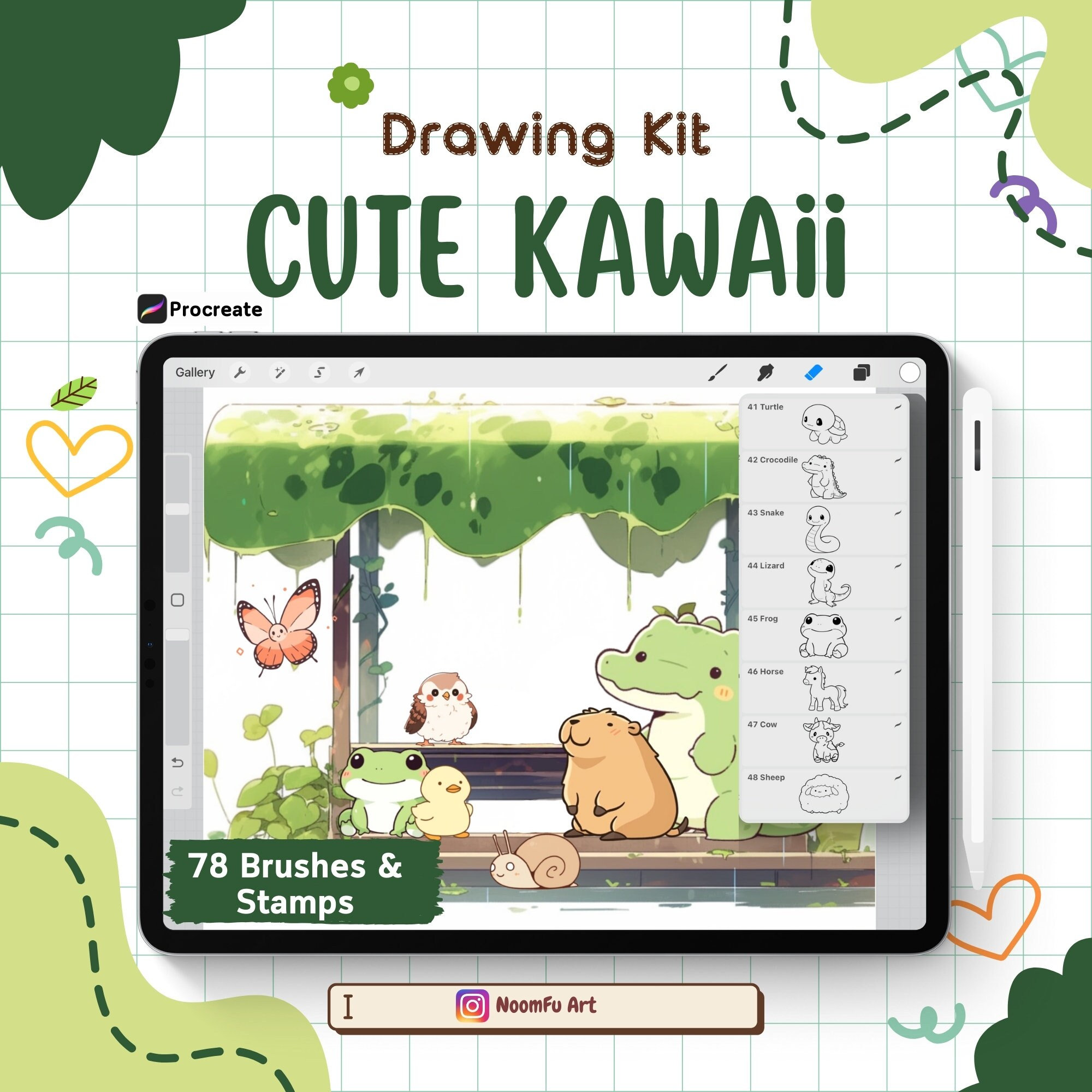 78 Procreate Cute kawaii brushes and stamps, Procreate Drawing kit, Animals doodle, Cute brushset, Sketch, Doodles Procreate stamps
