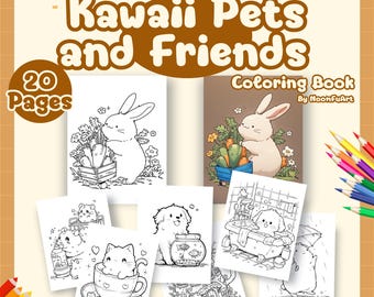 20 Kawaii Coloring books | Kawaii Pets and Friends | Digital Coloring pages | Cute Coloring pages for Kids and Adults | Procreate