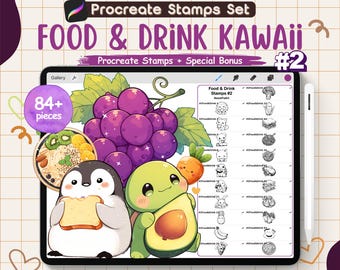 Kawaii Food & Drink Procreate Stamps, Chibi Animals Doodle (Digital Download)