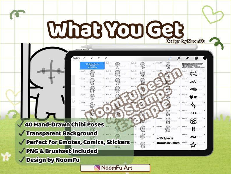 40 Chibi Base Pose Procreate Stamps – a cute kawaii drawing guide for artists. This set includes 40 chibi base poses with simple, round proportions, big heads, and short limbs, perfect for emote base, stickers, comics, clipart, and YCH or P2U artwork. Use these Procreate brushes to speed up your workflow, create kawaii characters, or design emotes and digital products. Great for beginners or professionals, these chibi stamps are versatile, customizable, and easy to adapt for kawaii art.