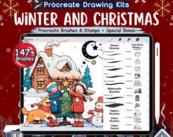 Winter Christmas Procreate Brushes: Kawaii Animal Stamps (Digital Art Set)