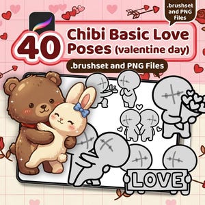 May include: Digital art set featuring 40 chibi love poses for Valentine's Day. The image includes a brown bear hugging a white bunny, along with various cartoon figures, hearts, and the word "LOVE". The text reads "Chibi Basic Love Poses (valentine day)".