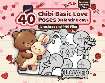 Couple Love Chibi Procreate Stamps: 40 Couple Pose, Kawaii Drawing, Heart Emote Base, Valentine,  Template, YCH, P2U (Digital Download)