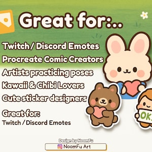 40 Chibi Base Pose Procreate Stamps – a cute kawaii drawing guide for artists. This set includes 40 chibi base poses with simple, round proportions, big heads, and short limbs, perfect for emote base, stickers, comics, clipart, and YCH or P2U artwork. Use these Procreate brushes to speed up your workflow, create kawaii characters, or design emotes and digital products. Great for beginners or professionals, these chibi stamps are versatile, customizable, and easy to adapt for kawaii art.