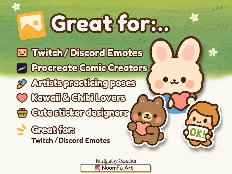 40 Chibi Base Pose Procreate Stamps – a cute kawaii drawing guide for artists. This set includes 40 chibi base poses with simple, round proportions, big heads, and short limbs, perfect for emote base, stickers, comics, clipart, and YCH or P2U artwork. Use these Procreate brushes to speed up your workflow, create kawaii characters, or design emotes and digital products. Great for beginners or professionals, these chibi stamps are versatile, customizable, and easy to adapt for kawaii art.
