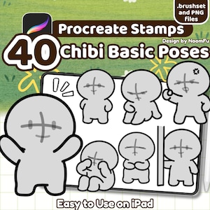 40 Chibi Base Pose Procreate Stamps – a cute kawaii drawing guide for artists. This set includes 40 chibi base poses with simple, round proportions, big heads, and short limbs, perfect for emote base, stickers, comics, clipart, and YCH or P2U artwork. Use these Procreate brushes to speed up your workflow, create kawaii characters, or design emotes and digital products. Great for beginners or professionals, these chibi stamps are versatile, customizable, and easy to adapt for kawaii art.