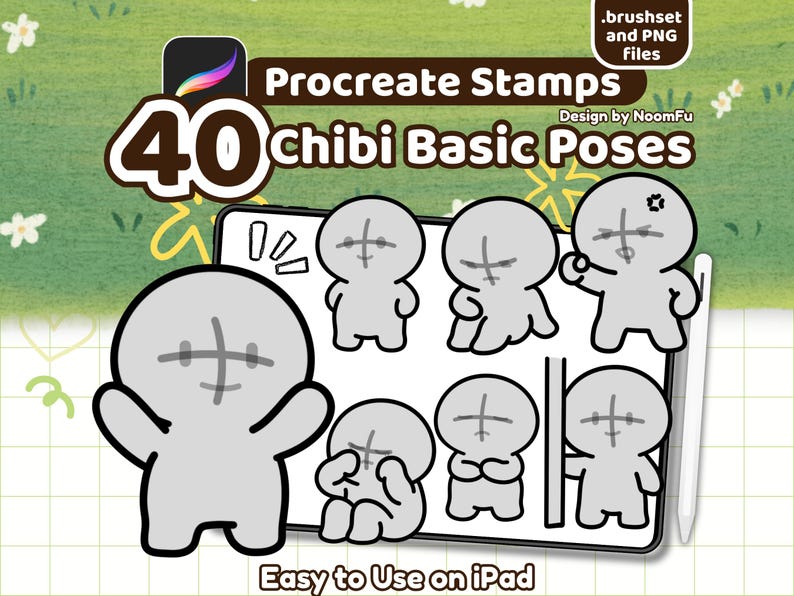 40 Chibi Base Pose Procreate Stamps – a cute kawaii drawing guide for artists. This set includes 40 chibi base poses with simple, round proportions, big heads, and short limbs, perfect for emote base, stickers, comics, clipart, and YCH or P2U artwork. Use these Procreate brushes to speed up your workflow, create kawaii characters, or design emotes and digital products. Great for beginners or professionals, these chibi stamps are versatile, customizable, and easy to adapt for kawaii art.