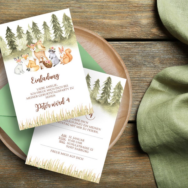 Invitation children's birthday party I forest I watercolor I beautiful I individual invitation cards I animals I template I invitation card