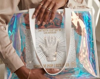 MJ King of Pop Iridescent Tote Bag | MJ Inspired Holographic PVC Beach Bag | Sparkle Icon Graphic Shoulder Bag | Clear Purse