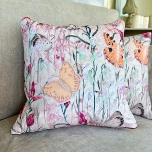 Endangered Eden Floral Butterfly Pattern Cushion Cover With Piping 40cm - Luxury Blush Pink Throw Pillow - Spring Living Room Bedroom Decor