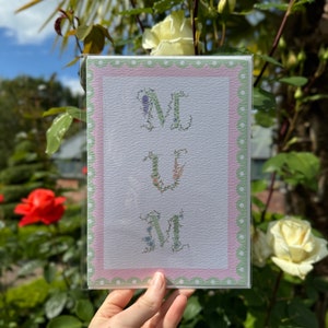 Floral Mum A5 Blanko Grußkarte - Muttertag - Mama Geburtstagskarte - Elegante Blumen Rosa Grün Karte - Handbemalte Karte -