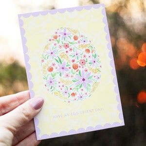 Acuarela Feliz Pascua Tarjeta A5 en blanco - Huevo de Pascua floral - Tarjeta de felicitación pintada a mano - Brillo pastel brillante
