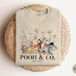 May include: A beige sweatshirt with a graphic print of Winnie the Pooh and his friends. The print features Pooh Bear, Piglet, Tigger, Eeyore, and Rabbit. The text "POOH & CO. EST. 1926" is printed below the graphic.