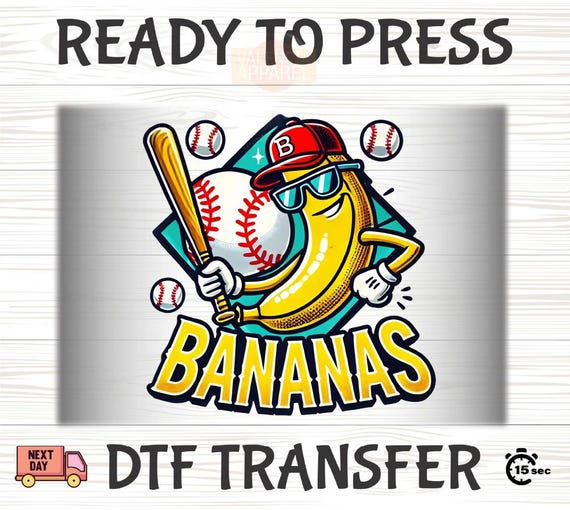 Bananas Ready To Press, Baseball DTF, Baseball Transfer, Banana DTF Transfer, Iron On Transfers, Baseball Mom DTF, Baseball Ready to Press