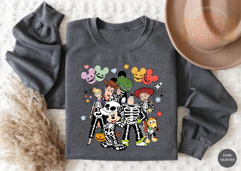 a gray shirt with a skeleton and mickey mouse on it