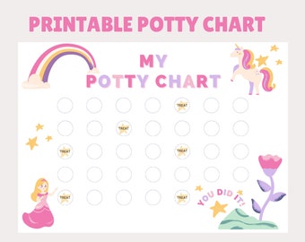 Può includere: Un grafico di allenamento per il vasino stampabile con un unicorno, un arcobaleno, una principessa e stelle. Il grafico ha 24 cerchi per segnare i progressi. Il testo sul grafico dice "Il mio grafico di allenamento per il vasino" e "Ce l'hai fatta!"