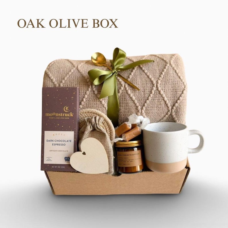 Sympathy Gift Basket, Hygge Gift Box with Blanket, Sending a hug, Thinking of you, Thank You gift, Encouragement gift box for women, Socks 4. OAK OLIVE BOX