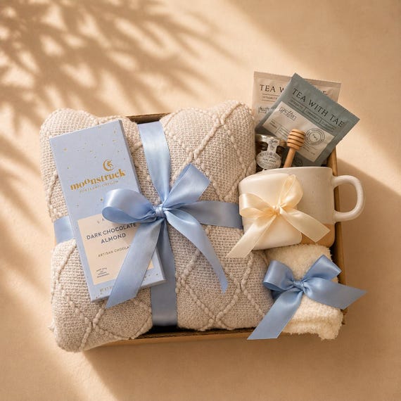 Birthday Gifts for Her, Hygge Gift Basket with Blanket, Socks, Candle, Birthday Box, Gift for Women, Self care gift basket, Birth flower box