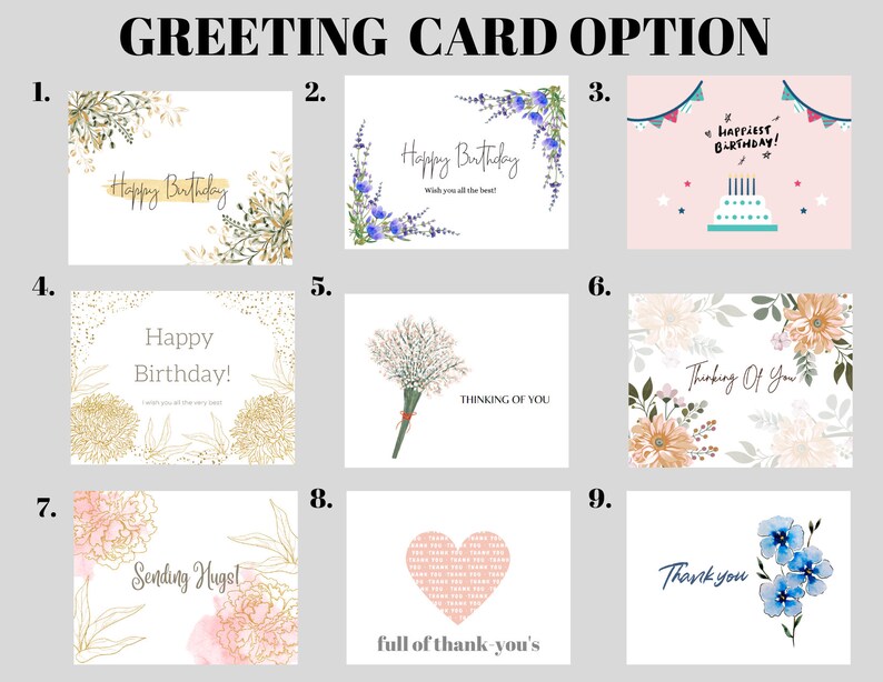 May include: Nine different greeting card designs with various floral and celebratory themes. The cards feature text such as "Happy Birthday!" and "Thinking of You".