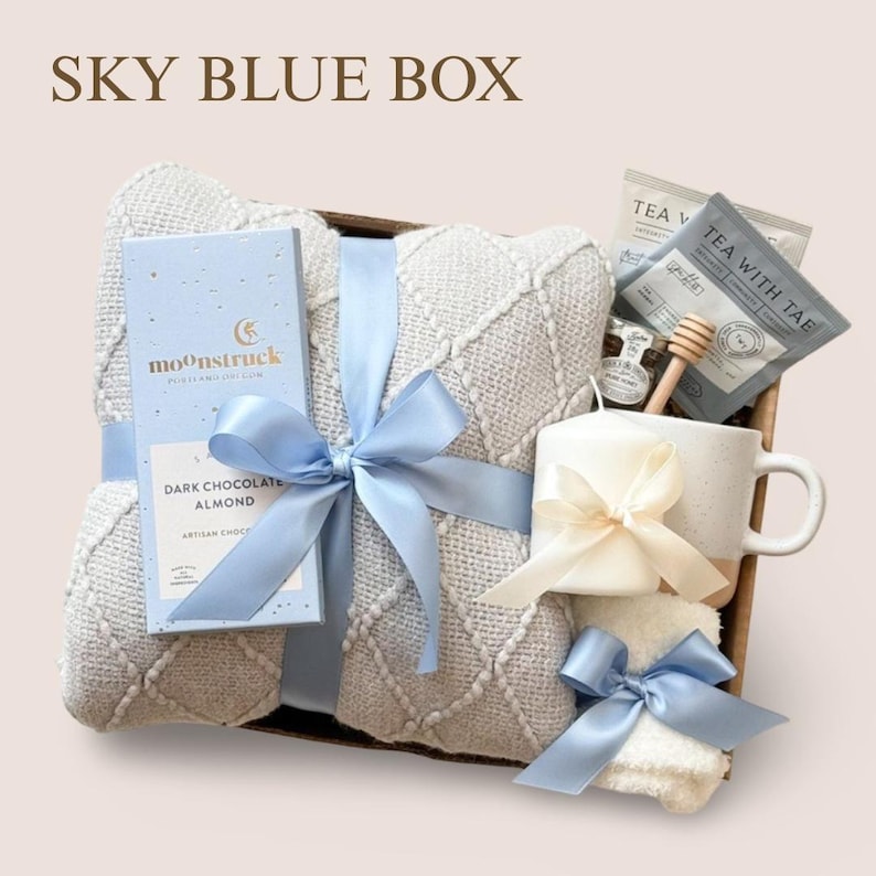 Sympathy Gift Basket, Hygge Gift Box with Blanket, Sending a hug, Thinking of you, Thank You gift, Encouragement gift box for women, Socks 1. SKY BLUE BOX