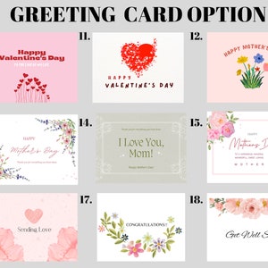 May include: A set of 9 greeting card designs featuring various themes, including Valentine's Day, Mother's Day, congratulations, and get well soon. The cards feature a variety of colours and designs, including hearts, flowers, and text.