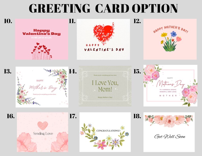 May include: A set of 9 greeting card designs featuring various themes, including Valentine's Day, Mother's Day, congratulations, and get well soon. The cards feature a variety of colours and designs, including hearts, flowers, and text.