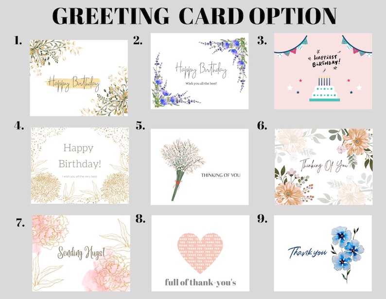 Puede incluir: Nueve dise&ntilde;os diferentes de tarjetas de felicitaci&oacute;n con varios temas florales y festivos. Las tarjetas incluyen texto como "&iexcl;Feliz cumplea&ntilde;os!" y "Pensando en ti".