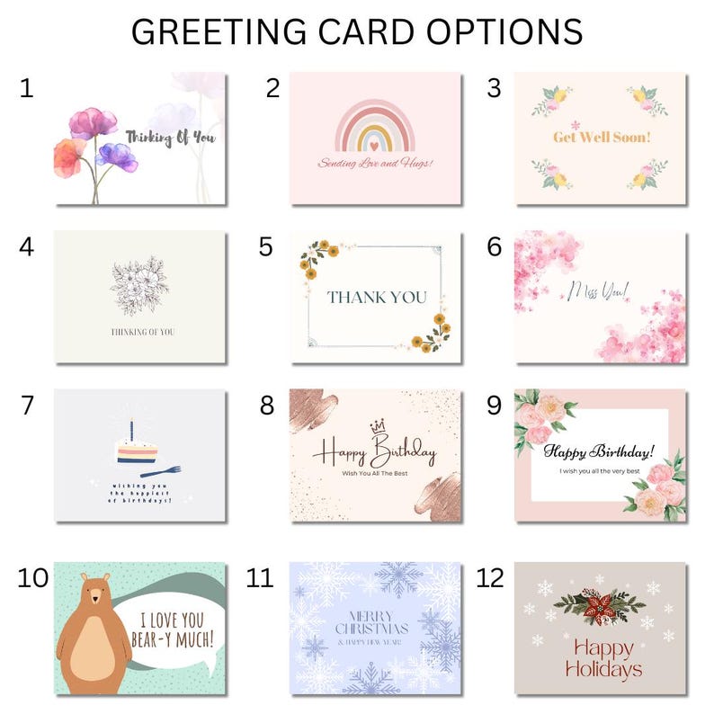 Pu&ograve; includere: Dodici modelli di biglietti d'auguri con vari temi. Le carte presentano illustrazioni di fiori, arcobaleni, un orso, una torta, fiocchi di neve e una ghirlanda natalizia. Il testo sulle carte include "Thinking of You", "Sending Love and Hugs", "Get Well Soon", "Thank You", "Miss You", "Happy Birthday", "I Love You Bear-Y Much", "Merry Christmas" e "Happy Holidays".