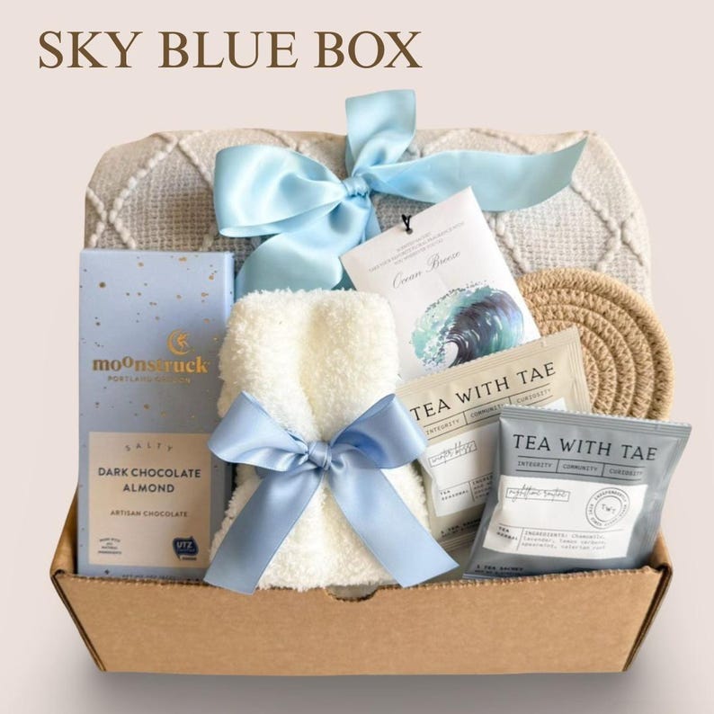 Warm and Cozy Gift Box For Her, Care Package For Women, Sympathy Gift Basket, Sending Hugs For Friend, Get Well Soon, Tea Gift Box, Cheer Up 2. SKY BLUE BOX