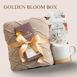 Sympathy Gift Basket, Hygge Gift Box with Blanket, Sending a hug, Thinking of you, Thank You gift, Encouragement gift box for women, Socks 1. GOLDEN BLOOM BOX