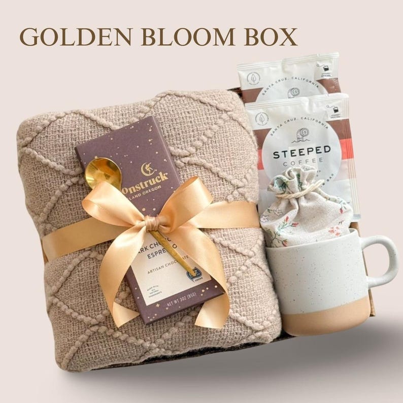 Sympathy Gift Basket, Hygge Gift Box with Blanket, Sending a hug, Thinking of you, Thank You gift, Encouragement gift box for women, Socks 1. GOLDEN BLOOM BOX