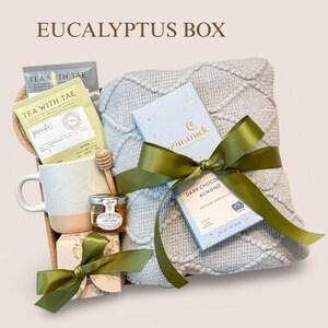 Sympathy Gift Basket, Hygge Gift Box with Blanket, Sending a hug, Thinking of you, Thank You gift, Encouragement gift box for women, Socks 7. EUCALYPTUS BOX