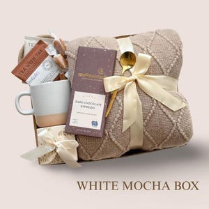 Warm and Cozy Gift Box For Her, Care Package For Women, Sympathy Gift Basket, Sending Hugs For Friend, Get Well Soon, Tea Gift Box, Cheer Up 4. WHITE MOCHA BOX