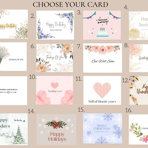 Puede incluir: Una colecci&oacute;n de 16 tarjetas de felicitaci&oacute;n con varios dise&ntilde;os y mensajes. Las tarjetas presentan patrones florales, corazones, copos de nieve y otras im&aacute;genes festivas. Algunos de los mensajes incluyen "Feliz cumplea&ntilde;os", "Pensando en ti", "Que te mejores pronto", "Feliz D&iacute;a de Acci&oacute;n de Gracias" y "Felices fiestas".