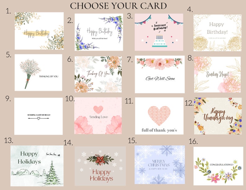 Puede incluir: Una colecci&oacute;n de 16 tarjetas de felicitaci&oacute;n con varios dise&ntilde;os y mensajes. Las tarjetas presentan patrones florales, corazones, copos de nieve y otras im&aacute;genes festivas. Algunos de los mensajes incluyen "Feliz cumplea&ntilde;os", "Pensando en ti", "Que te mejores pronto", "Feliz D&iacute;a de Acci&oacute;n de Gracias" y "Felices fiestas".