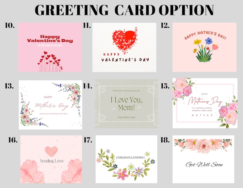 May include: A set of 9 greeting card designs featuring various themes, including Valentine's Day, Mother's Day, congratulations, and get well soon. The cards feature a variety of colors and designs, including hearts, flowers, and text.