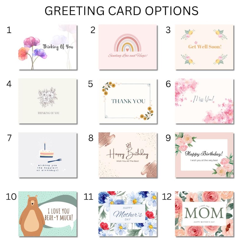 May include: A selection of twelve greeting cards with diverse designs and messages. The cards feature floral arrangements, rainbows, and birthday themes. Text on the cards includes "Thinking of You," "Thank You," and "Happy Birthday."