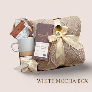 Sympathy Gift Basket, Hygge Gift Box with Blanket, Sending a hug, Thinking of you, Thank You gift, Encouragement gift box for women, Socks 8. WHITE MOCHA BOX