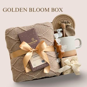 Sympathy Gift Basket, Hygge Gift Box with Blanket, Sending a hug, Thinking of you, Thank You gift, Encouragement gift box for women, Socks 5. GOLDEN BLOOM BOX