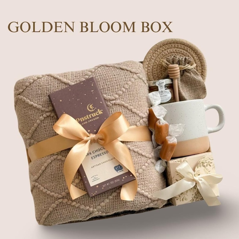 Sympathy Gift Basket, Hygge Gift Box with Blanket, Sending a hug, Thinking of you, Thank You gift, Encouragement gift box for women, Socks 5. GOLDEN BLOOM BOX