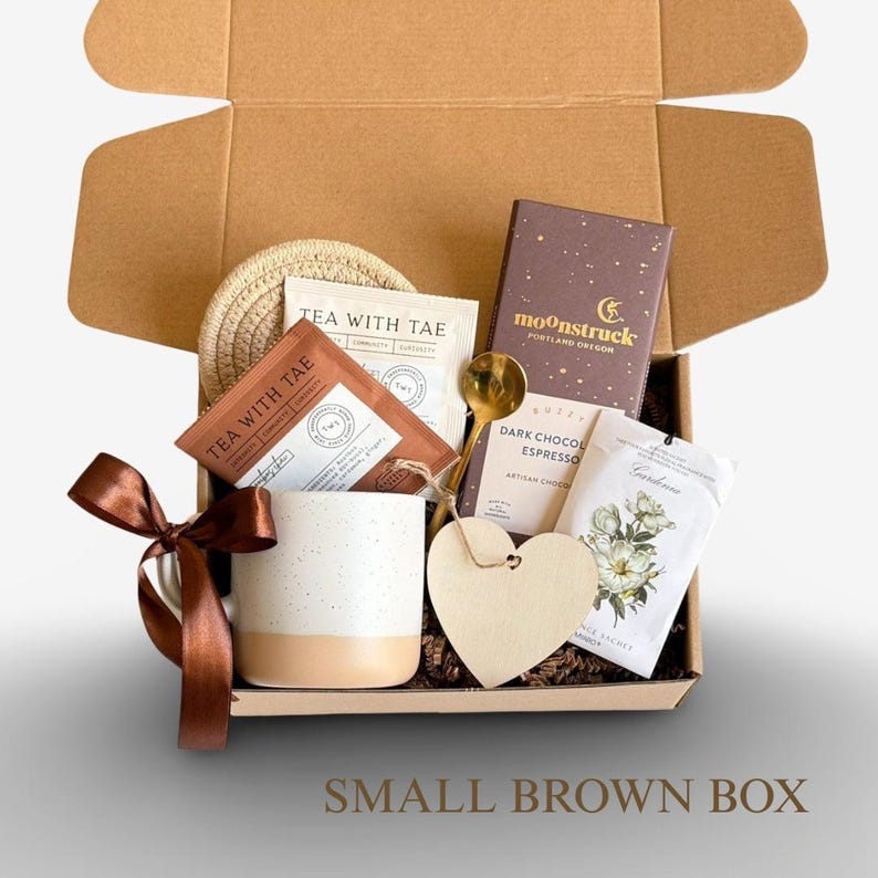 Sympathy Gift Basket, Hygge Gift Box with Blanket, Sending a hug, Thinking of you, Thank You gift, Encouragement gift box for women, Socks 5. SMALL BROWN BOX